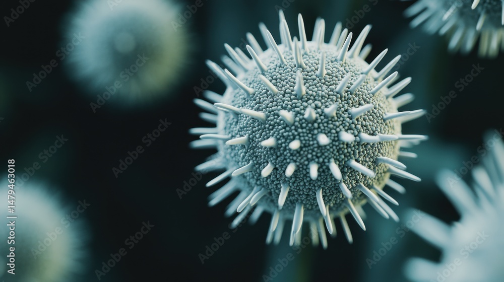 Obraz premium Close up of virus cell with spikes in dark background microscopic view medical concept disease research