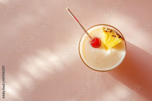 Overhead view of minimalist piña colada with pineapple and cherry on pink background