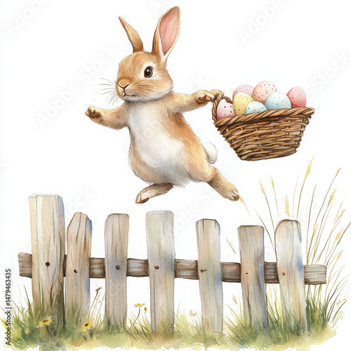 Bunny carrying eggs seems happy, hopping over fence with joy