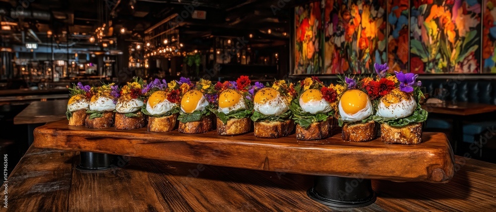 Brunch Appetizers Served on Wooden Board in Restaurant; Close-up of Egg Toast with Greens and Flowers, Gourmet Food Presentation, Dining Experience Brunch Appetizers Served on Wooden Board in Restaurant; Close-up of Egg Toast with Greens and Flowers, Gourmet Food Presentation, Dining Experience