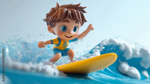 cute 3d male surfer character surfing the crest of a wave