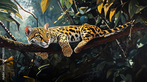 leopard sleeping on a tree in the forest cinematic lighting closeup shot. wildlife photography