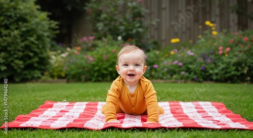 Baby crawling on picnic blanket in garden with flowers and grass  