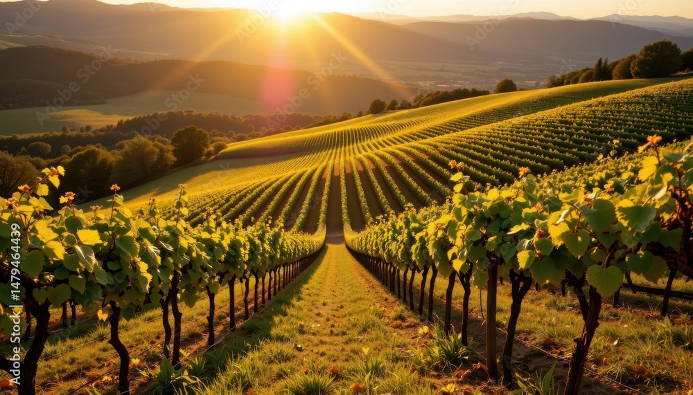 Naklejka premium rolling vineyards cover the hillside, basking in the golden afternoon sun.