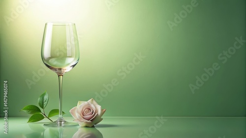 A single empty wine glass rests beside a delicate rose on a smooth surface against a serene green backdrop