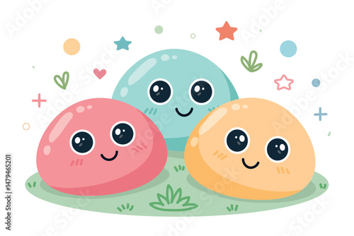 Cute colorful jelly-like round characters in a cheerful outdoor setting
