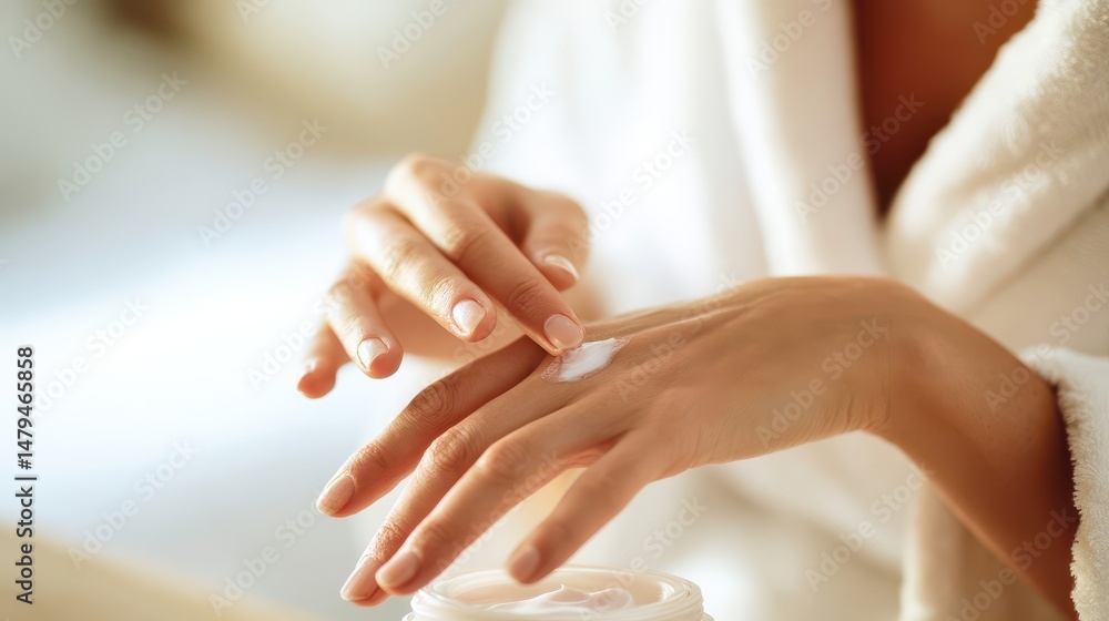 Woman applying lotion to her hands in a soft light. Woman applying lotion to her hands in a soft light.