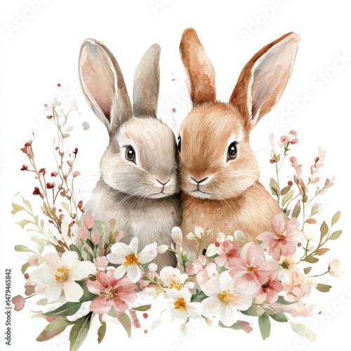Two cute bunnies nestled, radiate joy among delicate florals