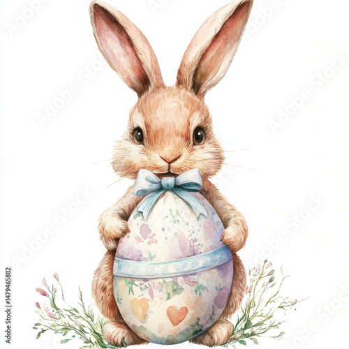 Bunny holds painted egg, feeling joyful and festive for Easter holiday