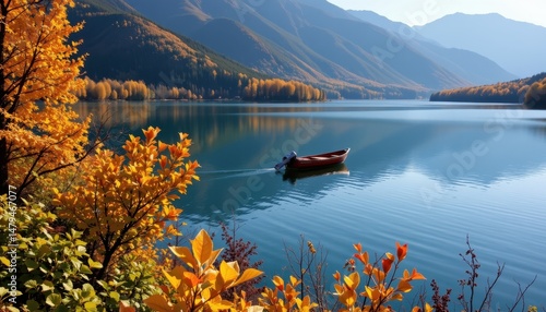 Wallpaper Mural a boat floats gently on a mountain lake, surrounded by golden autumn trees. Torontodigital.ca