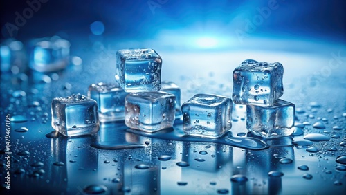 Cool, Refreshing Ice Cubes Glistening with Water Droplets on a Reflective Surface
