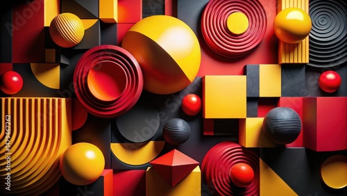 Abstract Composition of Red, Yellow, and Black Geometric Shapes A Modern Design Featuring Spheres, Cubes, and Cylinders