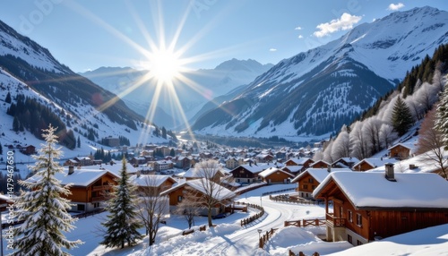 Wallpaper Mural sunlight sparkles off fresh snow as it blankets a peaceful mountain village. Torontodigital.ca