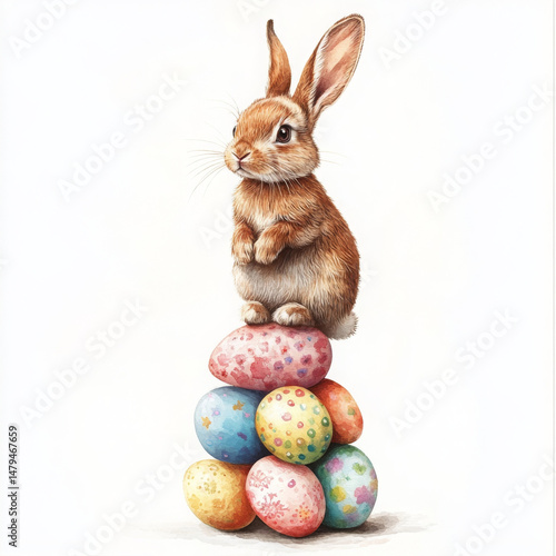 Easter bunny looks peaceful on colorful eggs, creating gentle spring mood