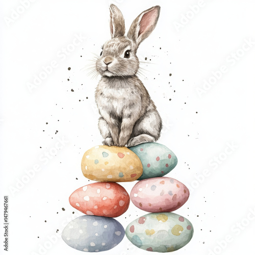 Cute bunny sits atop painted egg, looking hopeful for spring