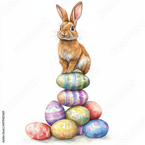 Adorable bunny sitting on colorful easter eggs looks so happy