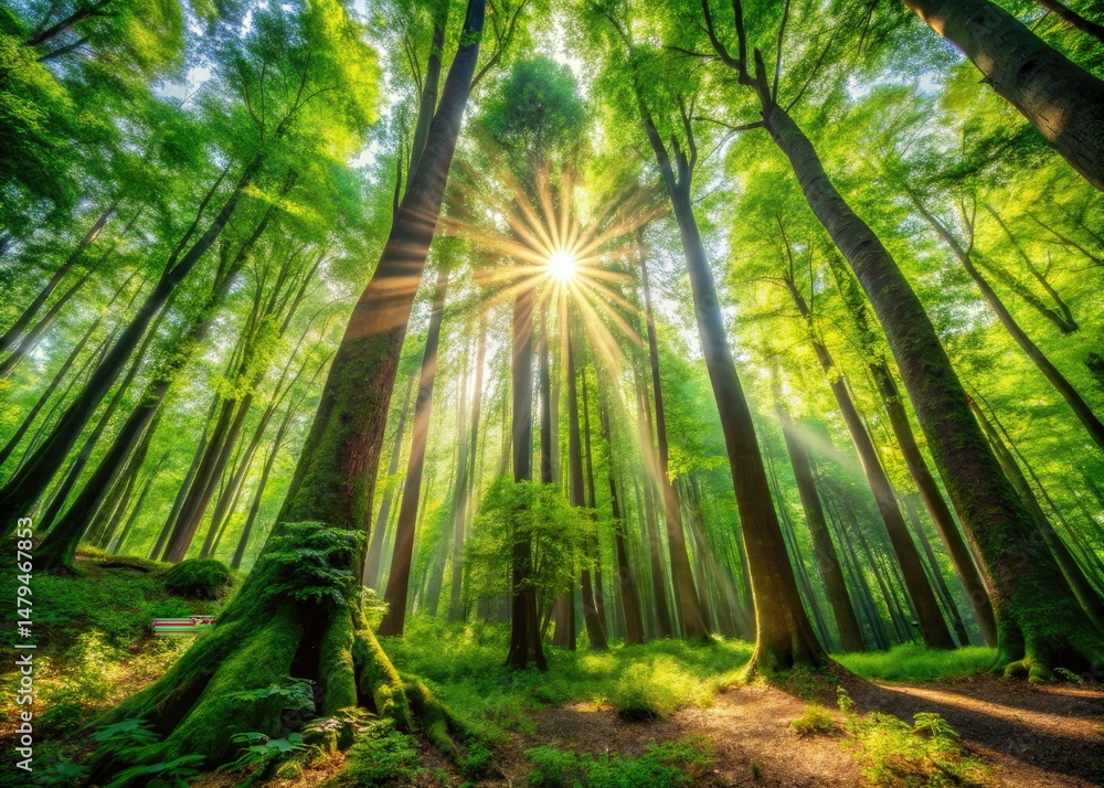 Obraz premium Panoramic Forest Photography: Majestic Trees, Nature Scenery, Woodland Vista, Breathtaking Landscape