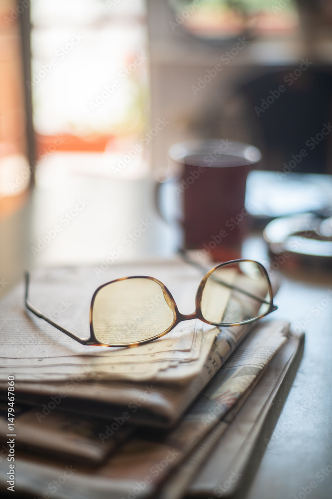 Fototapeta premium Retro glasses on a pile of newspapers on a table, close-up