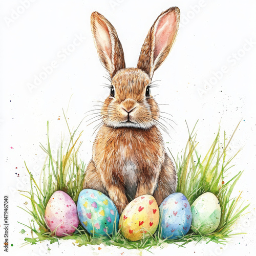 Cute bunny sits happily near painted eggs in watercolor illustration