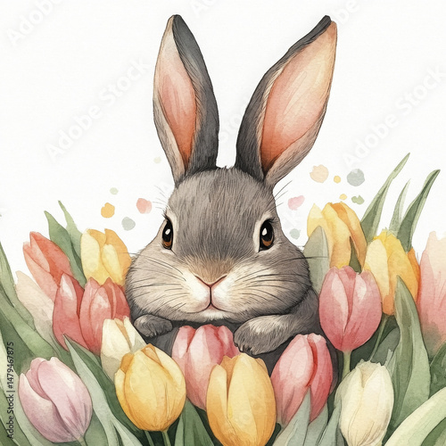 Cute bunny hides among tulips, feeling joyful and content