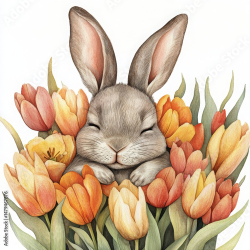 Bunny and tulips painted illustration, adorable in spring season