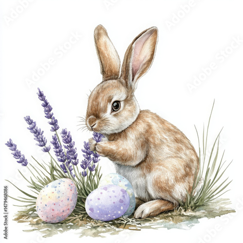 Cute bunny with eggs and lavender looks adorable in this illustration
