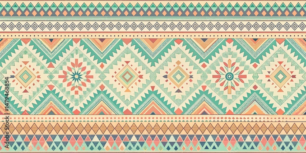 Elegant Pastel Tribal Geometric Textile Design with Intricate Patterns and Vibrant Hues Elegant Pastel Tribal Geometric Textile Design with Intricate Patterns and Vibrant Hues