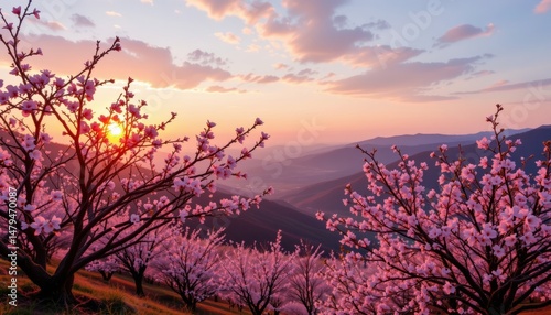 Wallpaper Mural a peaceful sunrise reveals a valley blanketed in pink cherry blossoms. Torontodigital.ca