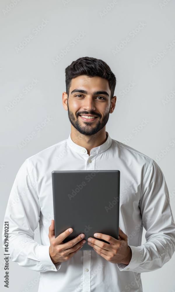 Middle Eastern Man Presenting Laptop 30s male, crisp white shirt, shows laptop screen, transparent bg, photo-realistic, white grey, even light, shallow Middle Eastern Man Presenting Laptop 30s male, crisp white shirt, shows laptop screen, transparent bg, photo-realistic, white grey, even light, shallow