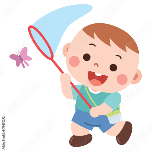 Cartoon Boy Catching Butterfly with Net

