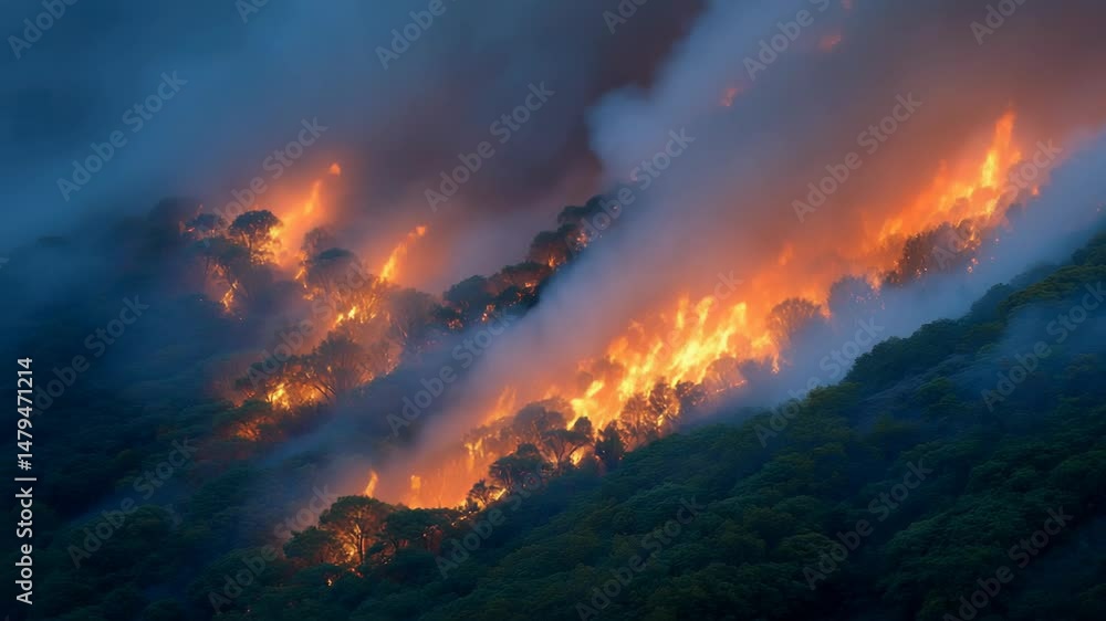 Intense Forest Fire Burning at Night: Wildfire Consuming Trees on Mountainside, Climate Change, and Environmental Damage Intense Forest Fire Burning at Night: Wildfire Consuming Trees on Mountainside, Climate Change, and Environmental Damage