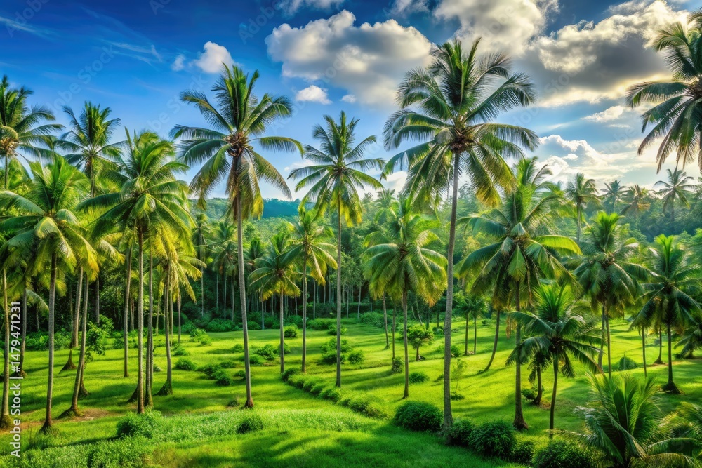 Fototapeta premium Panoramic Palm Tree Landscape: Lush Green Coconut & Magnetic Learning Scene