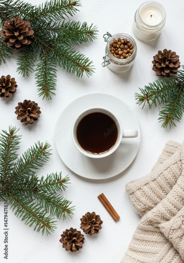 Festive winter holiday arrangement with coffee cup, pine cones and evergreen branches on white Festive winter holiday arrangement with coffee cup, pine cones and evergreen branches on white