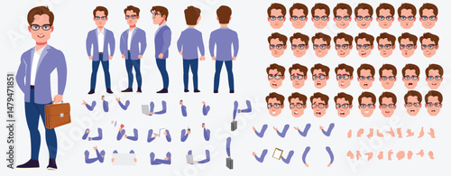 Man Character design. Front, side, back view and explainer animation poses. Character set with lip sync and facial expressions of Happy, angry, sad, Joy with Side walk cycle animation sequence sprite 