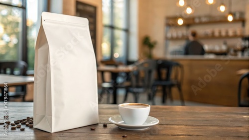 Coffee and Unlabeled Bag on Rustic Table in Cozy Cafe Setting