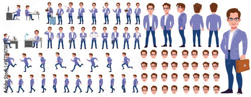Man Character design. Front, side, back view and explainer animation poses. Character set with lip sync and facial expressions of Happy, angry, sad, Joy with Side walk cycle animation sequence sprite 