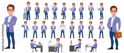 Man Character design. Front, side, back view and explainer animation poses. Character set with lip sync and facial expressions of Happy, angry, sad, Joy with Side walk cycle animation sequence sprite 