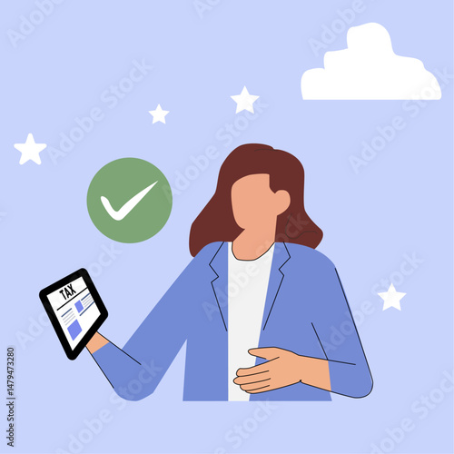 Tax return illustration concept. Girl with laptop issues tax refund. Stacks of coins on background of financial document. Tax form creative flat vector.