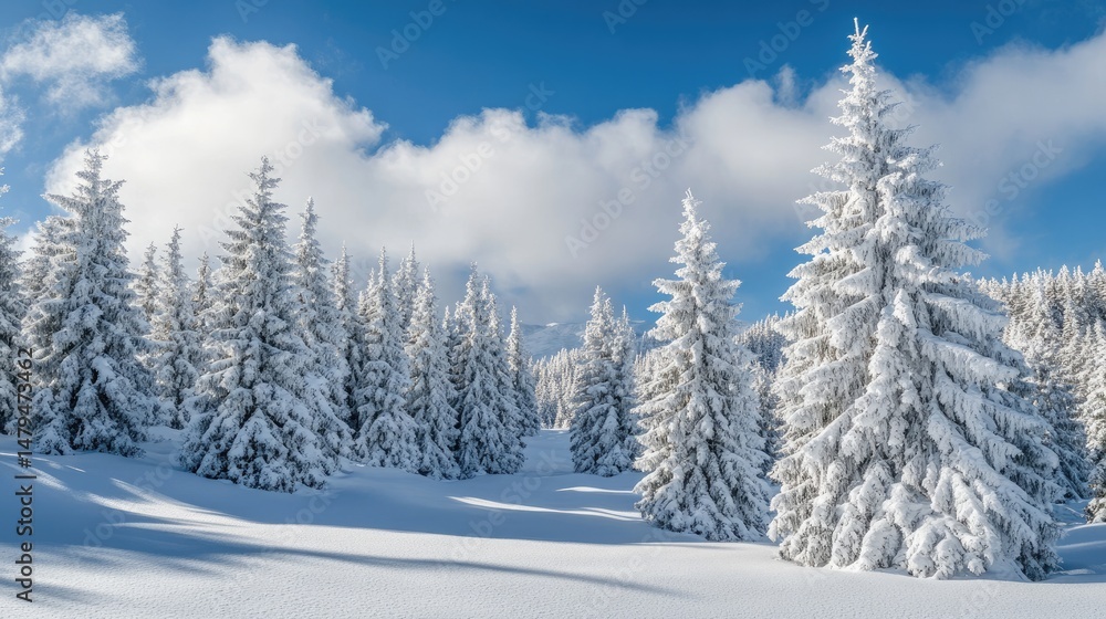 A serene winter landscape showcasing snow-covered trees and a clear blue sky. with distant mountains visible. perfect for evoking tranquility in seasonal imagery A serene winter landscape showcasing snow-covered trees and a clear blue sky. with distant mountains visible. perfect for evoking tranquility in seasonal imagery