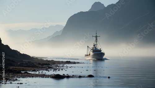 Wallpaper Mural a small fishing boat drifts through the early morning mist near a rocky coastline. Torontodigital.ca
