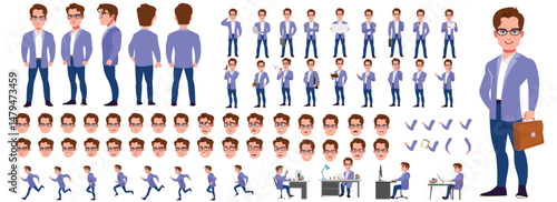 Man Character design. Front, side, back view and explainer animation poses. Character set with lip sync and facial expressions of Happy, angry, sad, Joy with Side walk cycle animation sequence sprite 