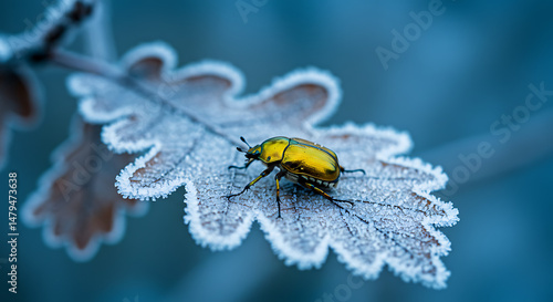 Golden beetle on frost covered oak leaf winter wonderland magic