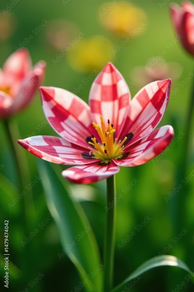 Obraz premium Checkered petals, vibrant green backdrop Spring bloom close-up , flower detail, top view