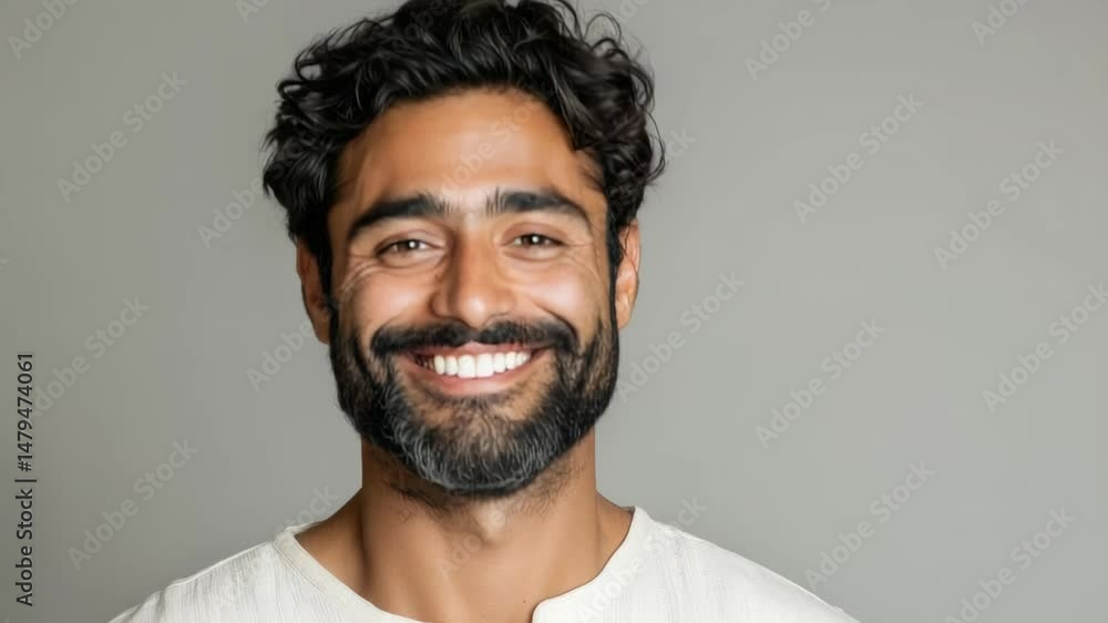 Smiling person with curly hair showcases warmth and approachability in portrait Smiling person with curly hair showcases warmth and approachability in portrait
