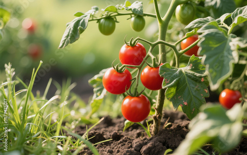 Tomato plants thrive in fertile soil, surrounded by wild grass. Green, unripe tomatoes hang beneath imperfect leaves, adding a raw, natural touch. Bright lighting enhances the fresh, organic feel.