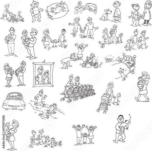 a set of drawings of people and animals,