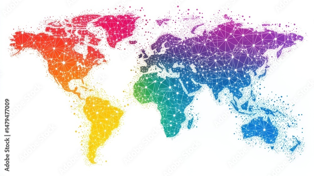 Fototapeta premium Abstract World Map Illustration with Connected Dots and Rainbow Gradient on White Background Global Network Design