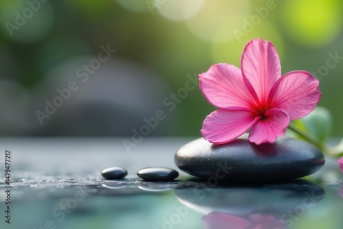 Polished spa stones, single pink flower, soft backdrop, close-up, pink background
