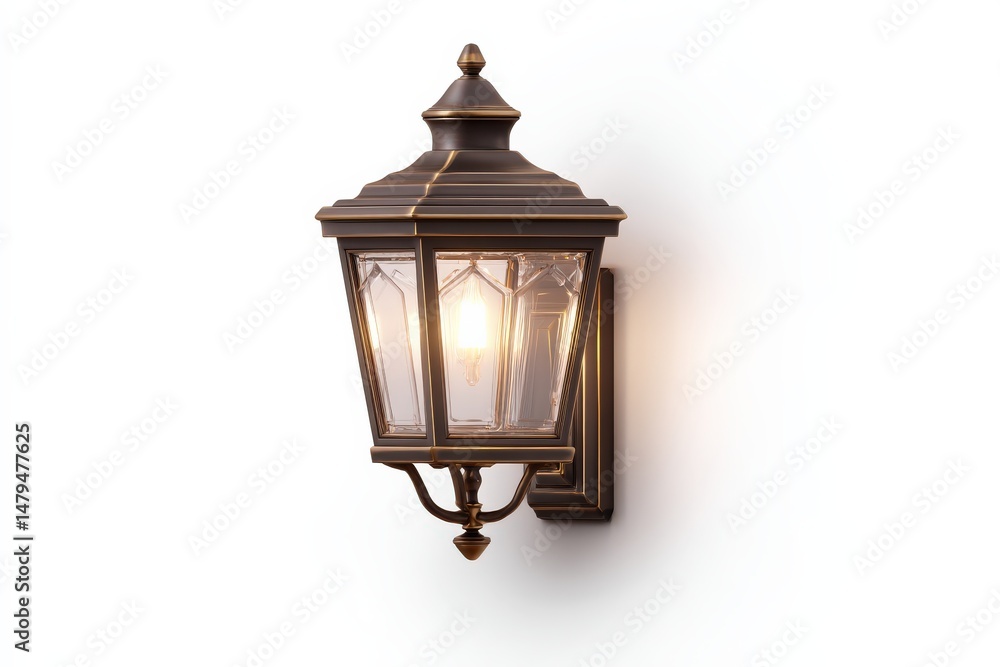 Elegant bronze wall-mounted lantern illuminates a white wall. The warm light casts a soft glow, creating a tranquil atmosphere. Elegant bronze wall-mounted lantern illuminates a white wall. The warm light casts a soft glow, creating a tranquil atmosphere.