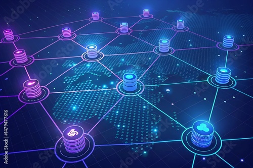 Abstract Data Network with Glowing Nodes and Digital Grid in Blue and Purple Tones